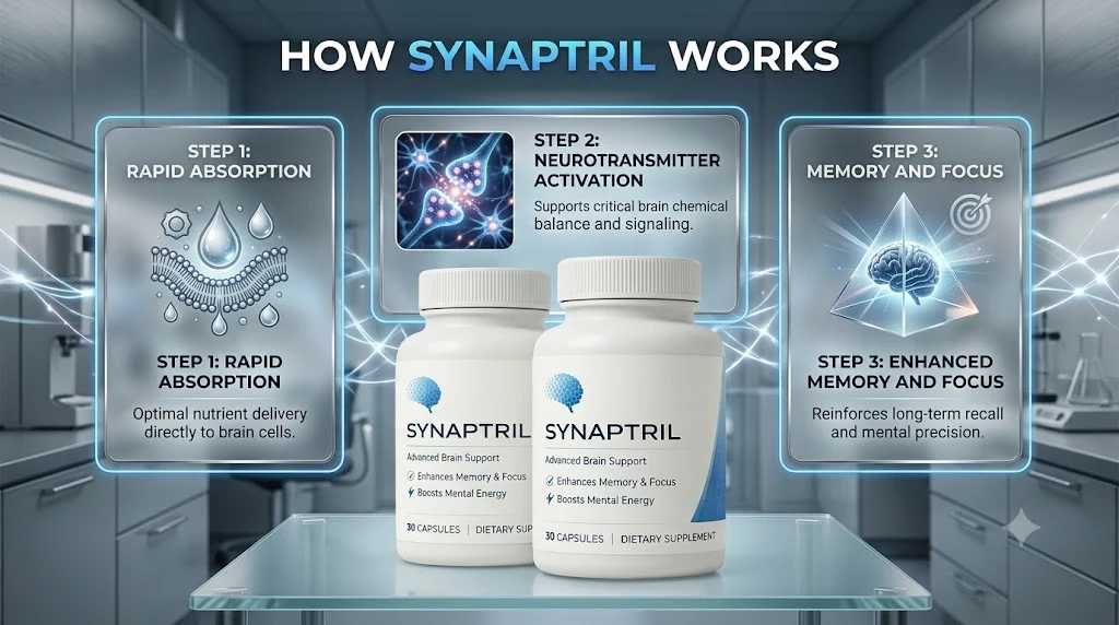 Brand graphic showing three steps: rapid absorption, neurotransmitter activation, memory and focus